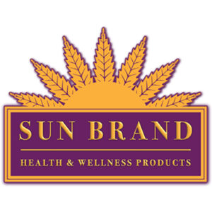 A purple and yellow sun brand logo with a marijuana leaf.